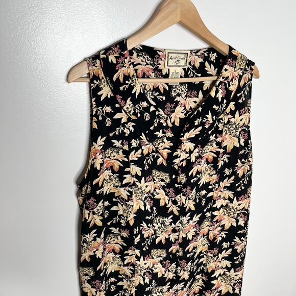 Vintage April Cornell Women Midi Dress Medium Black Floral Tie Back Button Front - Picture 3 of 9